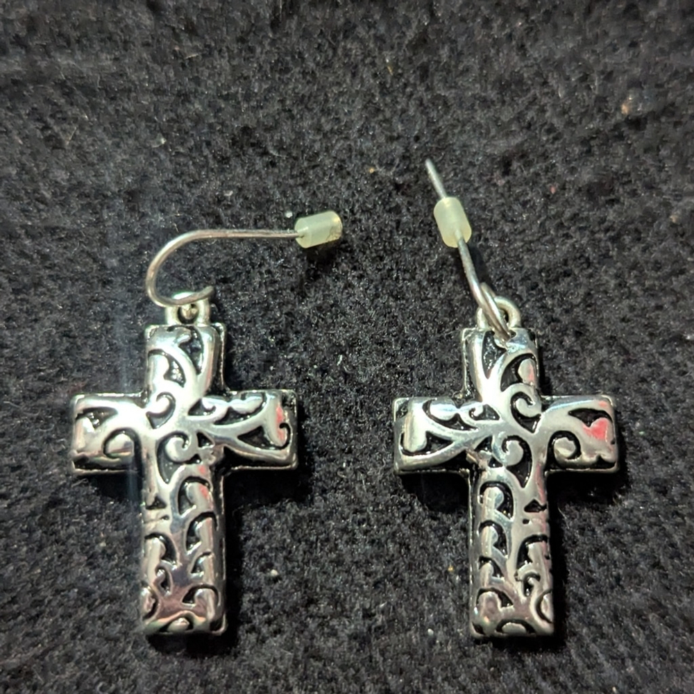 Silver Tone Cross Dangle Drop Statement Earrings